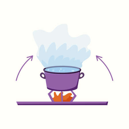 A boiling pot filled with water and steam. Steam from water. Vector illustration in flat styleのイラスト素材