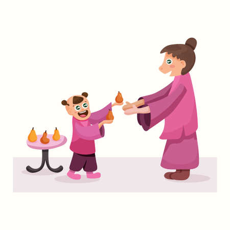 The child treats the parent with a pear. Vector illustrationのイラスト素材
