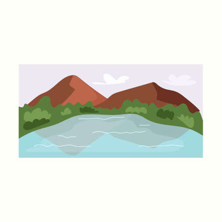 Lake among the mountains. Vector illustration in flat styleのイラスト素材