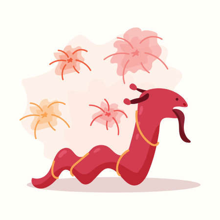 Festival with dragon and fireworks. Vector illustration in flat styleのイラスト素材