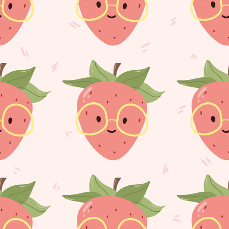 Seamless pattern with glasses with strawberries. Cute childish element in simple hand-drawn Scandinavian cartoon doodle style. Limited pastel palette ideal for printing childish textiles, clothingのイラスト素材