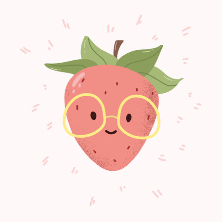 Cute strawberry with glasses. The concept of healthy eating. Vitamins in berries. Cute book illustration.Lettering. vector illustration. hand drawing style.のイラスト素材