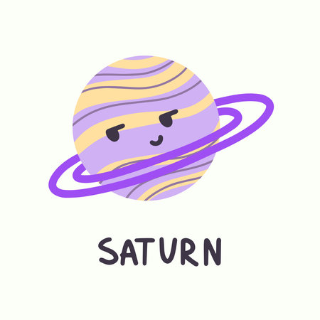 Planet saturn with face in cartoon style. Greeting card with cute planetのイラスト素材