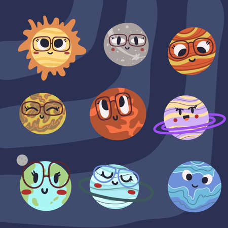 Set of planets of the solar system with faces in hand draw style. Vector illustration for posters,...