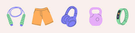 Elements for training in the fitness center. Skipping rope, headphones, kettlebell, fitness...