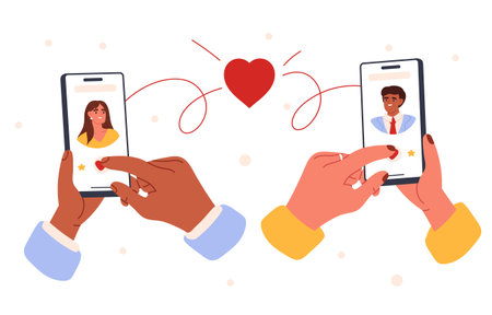 Couple in love holding phones in hand. Dating application with man and woman on screen.Flat vector illustrationのイラスト素材