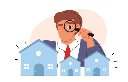 Real estate search concept. Rent apartment, buy house, building estate. Search ideal home. flat vector illustrationのイラスト素材