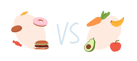 Healthy and unhealthy food concept. Choice between nutrition. Fastfood, snack, sweet and fat eating versus fructs set. flat vector illustrationのイラスト素材