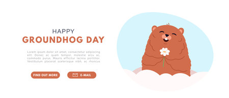 Groundhog banner. Happy groundhog day. Marmot or beaver wild animal relax. flat vector illustrationのイラスト素材