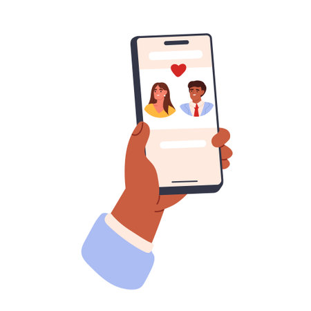 Dating app for phone. Hand hold cell phone for search love. flat vector illustrationのイラスト素材