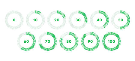 Set of green circular progress bar. Timer icon with ten percent interval. download display. vector illustrationのイラスト素材