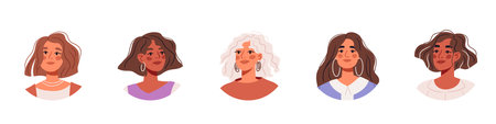 Woman avatars set. female portrait collection. Set of user profiles. Round icons with happy smiling people. Flat vector isolated illustrationのイラスト素材