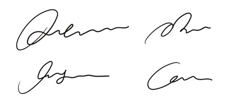 Fake hand drawn autograph set. Handwritten signature scribble for business certificate or letter. Vector isolated illustrationのイラスト素材