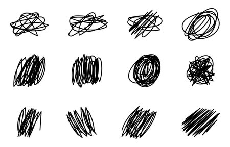 Hand drawn black brush strokes. Doodle pencil, marker, and pen. Paint and scribble lines. Isolated vector illustrations on white background.のイラスト素材