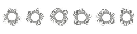 Circular shapes of sound waves, for audio music, round icons of voice, logos, equalizers, radials in spectrum, patterns in rings. Flat vector illustrations isolated on white background.のイラスト素材