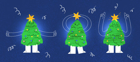 Happy Xmas Tree Cartoon set. Fun character with a cute smile, boots, and hands, brightened by Christmas lights. A joyful way to welcome the New Year. Flat illustrations isolated on white background.のイラスト素材