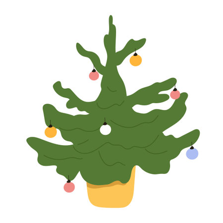 Hand Drawn Christmas Tree Icon. Festive Xmas Spruce. Green Fir Cartoon with Decorated Ornaments. Flat Illustrations Isolated on White Background.のイラスト素材