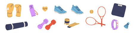 Doodle sports equipment set, capturing the essence of a healthy lifestyle. Icons yoga mat, gym bag, and workout essentials. Flat vector illustration isolated on white background.のイラスト素材
