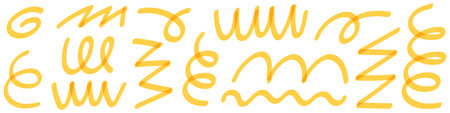 yellow Doodle spirals with abstract lines, with brushes and markers. Hand drawn textures and spiral elements form icon set. Flat vector illustration isolated on white background.のイラスト素材