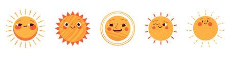 Sun character, cute and smiling, sunny summer. Childish cartoon sticker, hand drawn face, children's doodles. Flat vector illustrations isolated in background.のイラスト素材