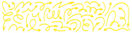Hand drawn yellow marker arrows doodle set. Various sketch elements like pen, pencil, and brush highlights marks. Flat vector illustration isolated on white background.のイラスト素材