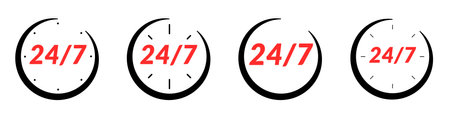 24/7 customer support icon with clock. around the clock service, open hours, and emergency hotline....