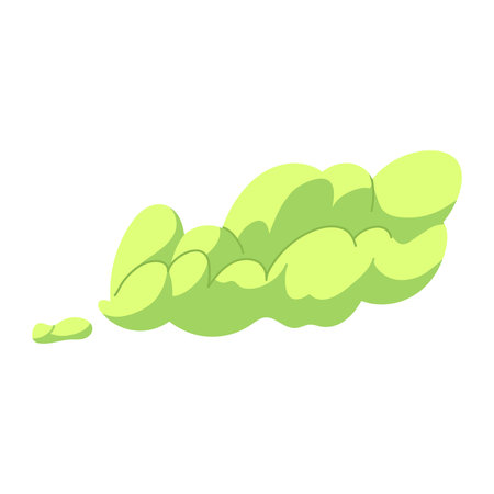 Cartoon bad smell toxic clouds. Bad smell toxic clouds. Smelling smoke. Green stink aroma and stinky smoke cartoon. Isolated vector illustrationのイラスト素材