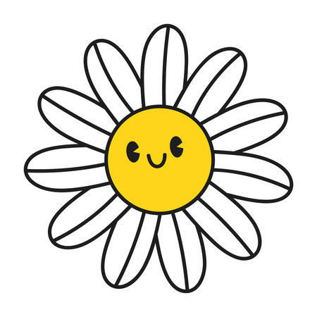 Groovy daisy flowers face collection. Retro chamomile smiles in cartoon style. Happy stickers set from 70s. Vector graphic illustrationのイラスト素材