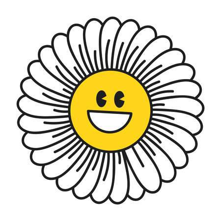 Groovy daisy flowers face collection. Retro chamomile smiles in cartoon style. Happy stickers set from 70s. Vector graphic illustrationのイラスト素材