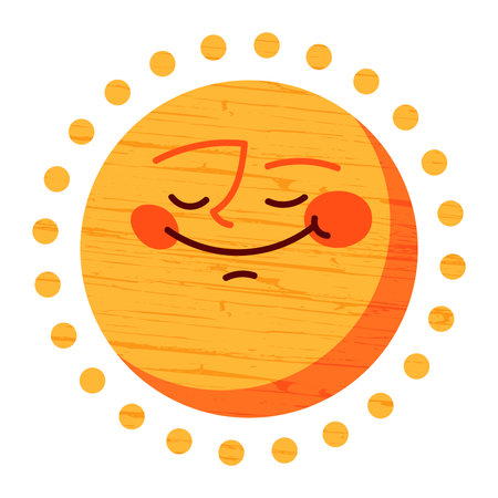 Sun character in cute style, face with a sticker. Sunshine with a smile for kids, doodled in a happy and fun way. Flat vector illustrations isolated in background.のイラスト素材
