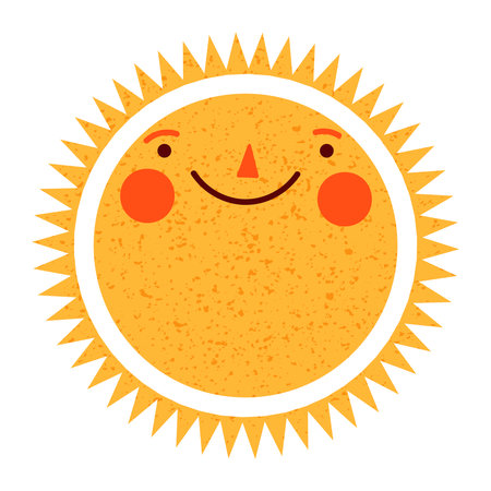Sun character in cute style, face with a sticker. Sunshine with a smile for kids, doodled in a happy and fun way. Flat vector illustrations isolated in background.のイラスト素材