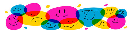 Happy face icon with smile, cheerful emojis and avatars stickers. Abstract cartoon character doodles in cute, retro style. Flat vector illustration isolated on white background.のイラスト素材