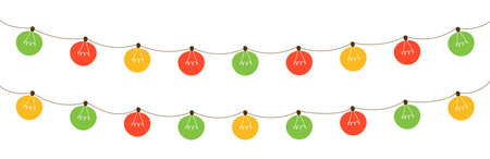 String of lights in line with sketchy doodle art. Decorative border for Christmas holiday and party designs. Flat vector illustration isolated on white background.のイラスト素材