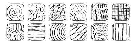 Abstract line set with brush textures and grunge spirals. Hand-drawn geometric patterns and graphic curves for doodle-inspired designs. Flat vector illustration isolated on white background.のイラスト素材
