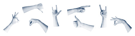 Collage Grunge hand graphic set with retro halftone and punk elements. Pop art design with fingers and crazy signs. Flat vector illustration isolated on white background.のイラスト素材