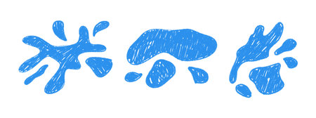 hand draw water puddle tear with raindrop tears and liquid splashes. Blue fluid spills on wet ground surface. Flat vector illustration isolated on white background.のイラスト素材