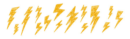 Hand-drawn lightning doodles with yellow rock energy. thunder stars and fiery hearts in crayon sketch style. . Flat vector illustration isolated on white background.のイラスト素材