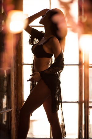 Sexy brunette woman posing in elegant lingerie, looking at camera. Girl with perfect body lying, relaxing.の写真素材