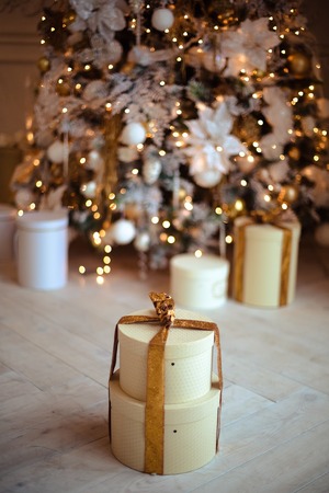 Christmas decorations in gold style/backgroundの写真素材