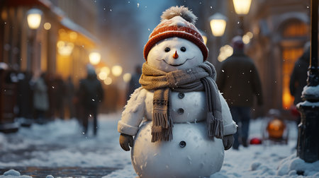 Snowman on the street at night. Christmas and New Year conceptの素材