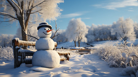 Snowman in the park on a sunny winter day. 3d renderの素材