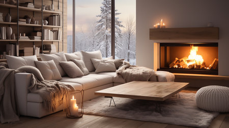 Cozy living room with fireplace and sofa in winter. 3d renderingの素材