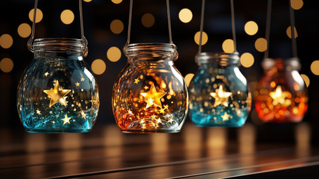Glass jars with glowing stars on bokeh background. 3d renderingの素材