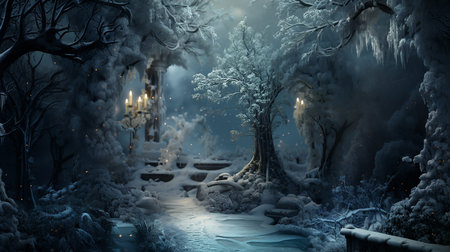 Fantasy landscape with winter forest and snow. 3D illustration.の素材