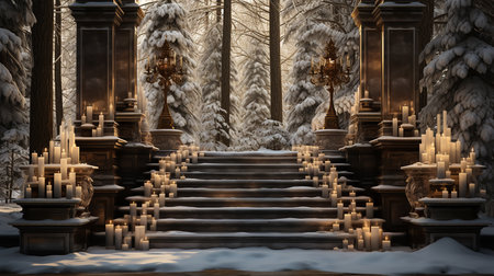 3d render of an old stairs in the winter forest with candlesの素材