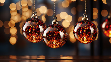 Christmas baubles on wooden table against blurred lights, closeupの素材