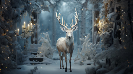 Fantasy winter scene with a deer in the forestの素材