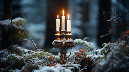 Burning candles on a candlestick in the winter forest.の素材