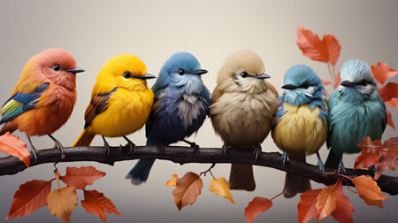 Group of colorful birds sitting on a branchの素材