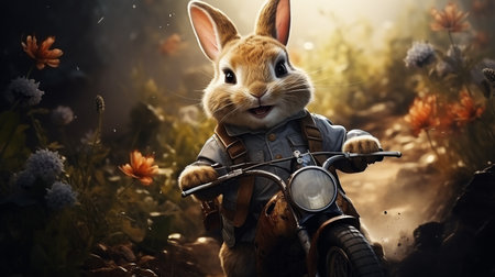 Rabbit on a motorcycle in the meadow.の素材